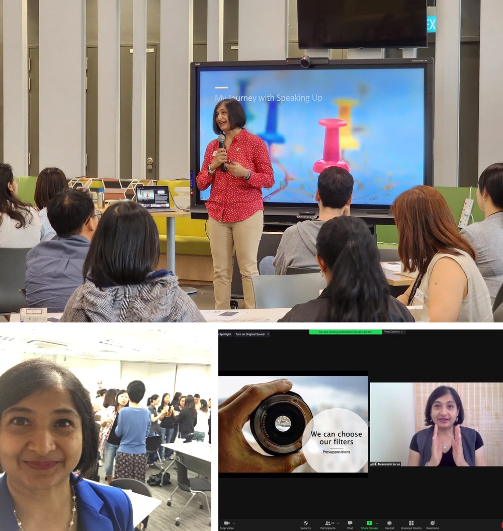 Meenakshi presenting to a workshop audience, with participants at a live session and delivering virtually